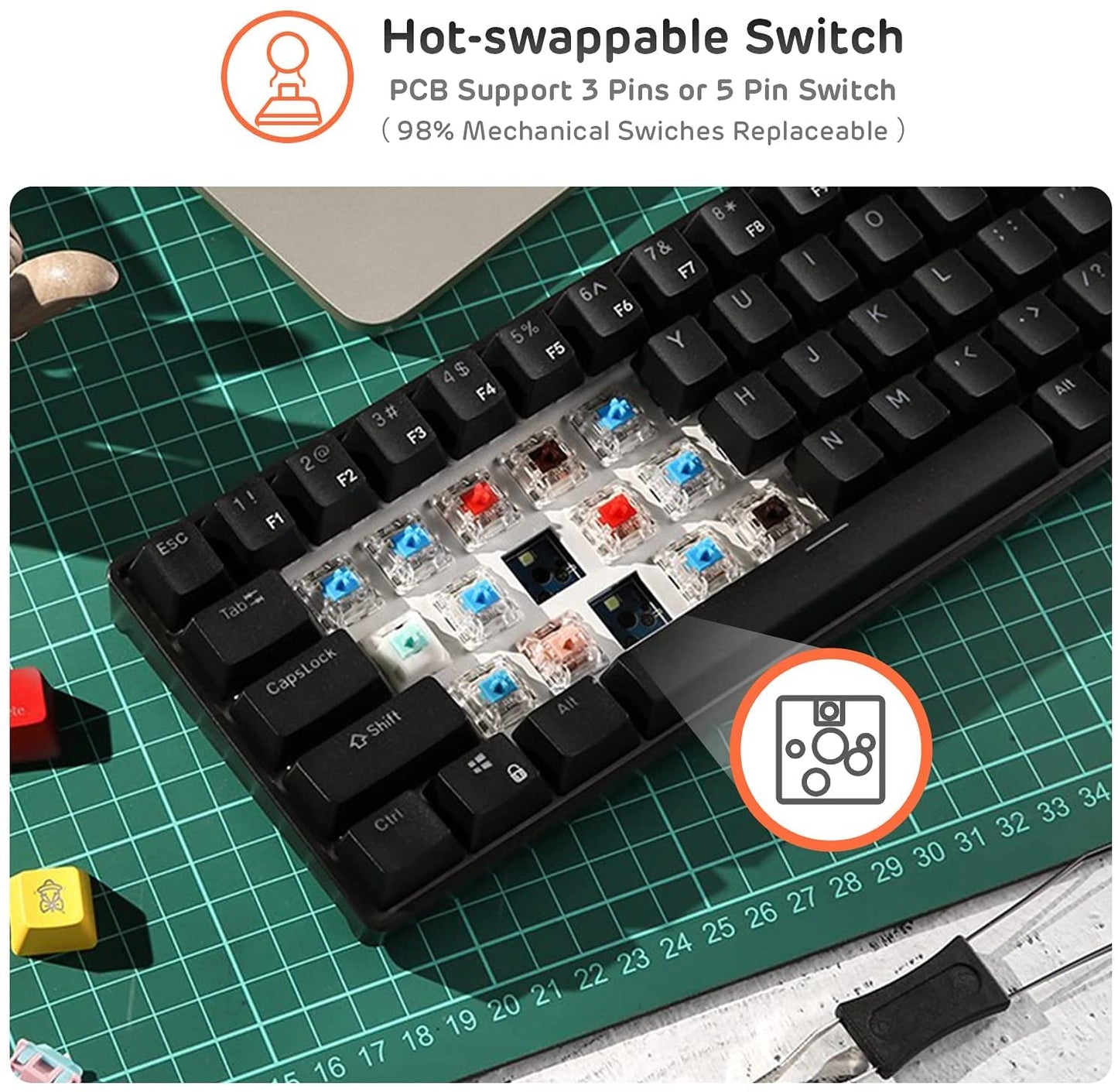 RK ROYAL KLUDGE RK61 Wireless 60% Mechanical Keyboard - Triple Mode BT5.0/2.4G/USB-C, Hot Swappable Blue Switch, Black