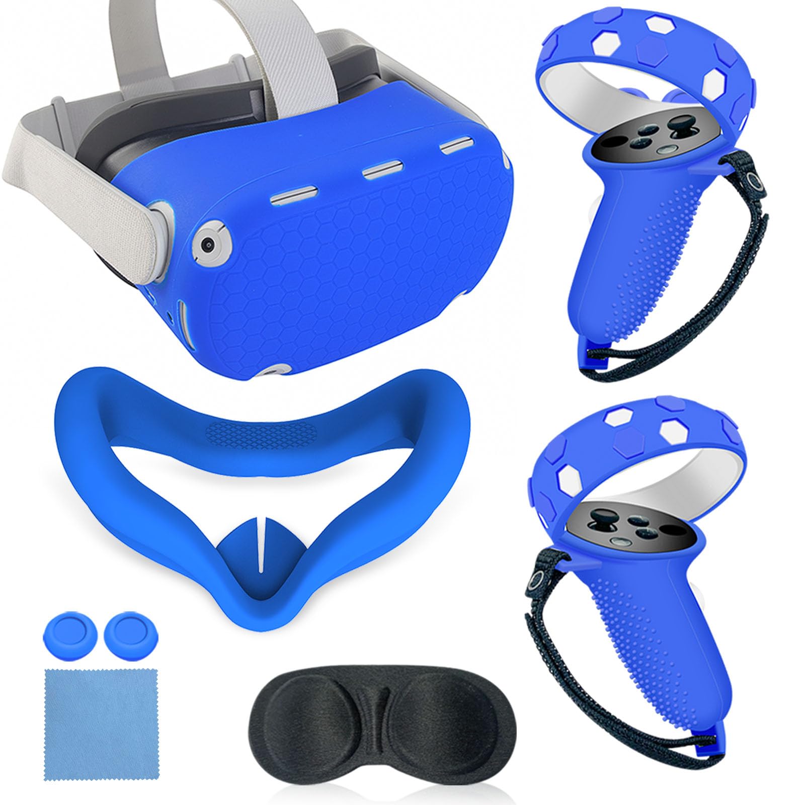 MLemonVR Silicone Cover Set Compatible with Oculus/Meta Quest 2 Accessories Includes Controller Grips Button Caps & Face Cover  Shell Cover  Lens Cover  for Quest 2_Blue