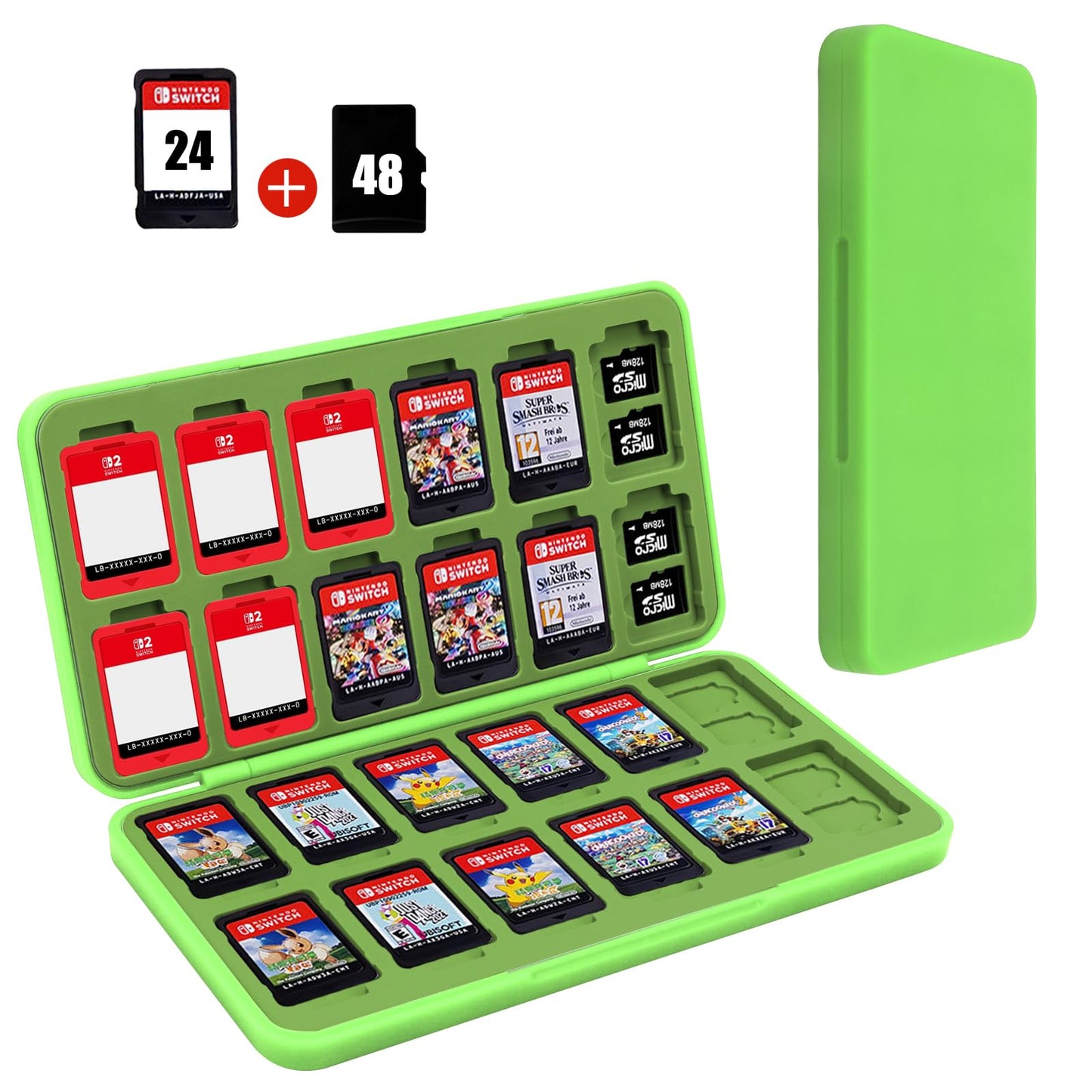 FYY Nintendo Switch Game Case Holder for Switch 2 refill unit Case with 24 Game Card sections & 48 Micro SD Card sections  Hard Shell  Silicone Lining Green
