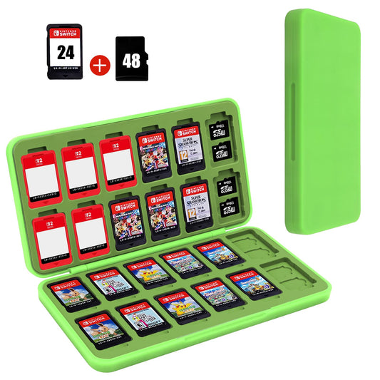 FYY Nintendo Switch Game Case Holder for Switch 2 refill unit Case with 24 Game Card sections & 48 Micro SD Card sections  Hard Shell  Silicone Lining Green