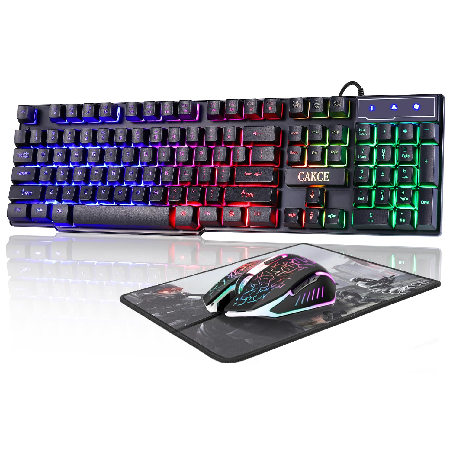 Cakce RGB Gaming Keyboard & Colorful Mouse Combo, USB Wired, LED Backlight, Black