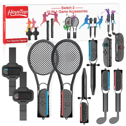 HEYSTOP Sports Accessories for Nintendo Switch 2  10 in 1 Family Sports Accessories Kit for Nintendo Switch 2 Games  with Leg Strap Golf Clubs Tennis Rackets decorative item Grips Joy-con wrist straps