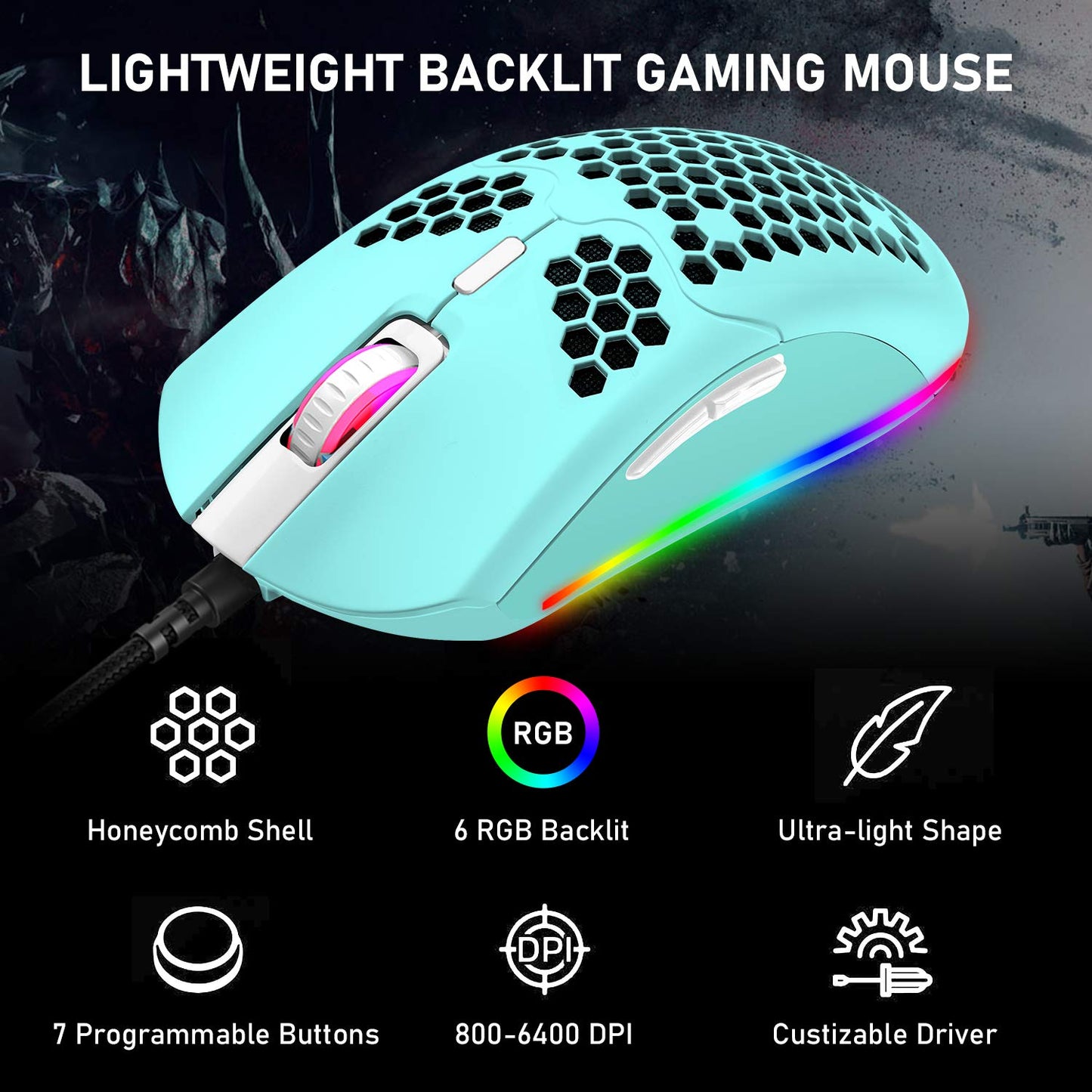 ZIYOU LANG M1 Wired Gaming Mouse - 6400DPI, 6 RGB Backlit, 7 Programmable Buttons, Ultralight Honeycomb Shell, Green