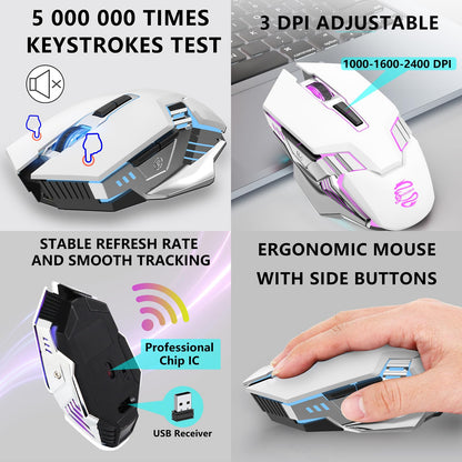 SHUNJINRUN Wireless Gaming Mouse, Bluetooth 3-Modes (BT5.0+BT3.0+2.4GHz), Rechargeable, RGB Backlit, Silent Click, White