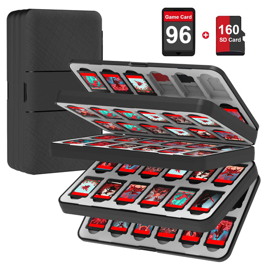 QuoLumPIA 96 Game Case - for Nintendo Switch 2/OLED/Lite Cartridge storage with 96 Game Card Slots & 160 Micro SD Card Slots  Black  Hard Shell  Silicone Lining  Magnetic snap  Travel  Gift  Party