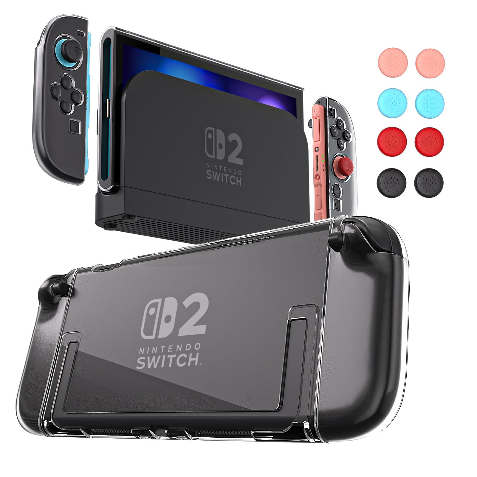Switch 2 Dockable Case with Screen Protector - Clear Hard Shell Cover with Joy-Con Grip TPU  Thumb Caps - Protective Accessories Kit for Nintendo Switch 2 Console & Dock