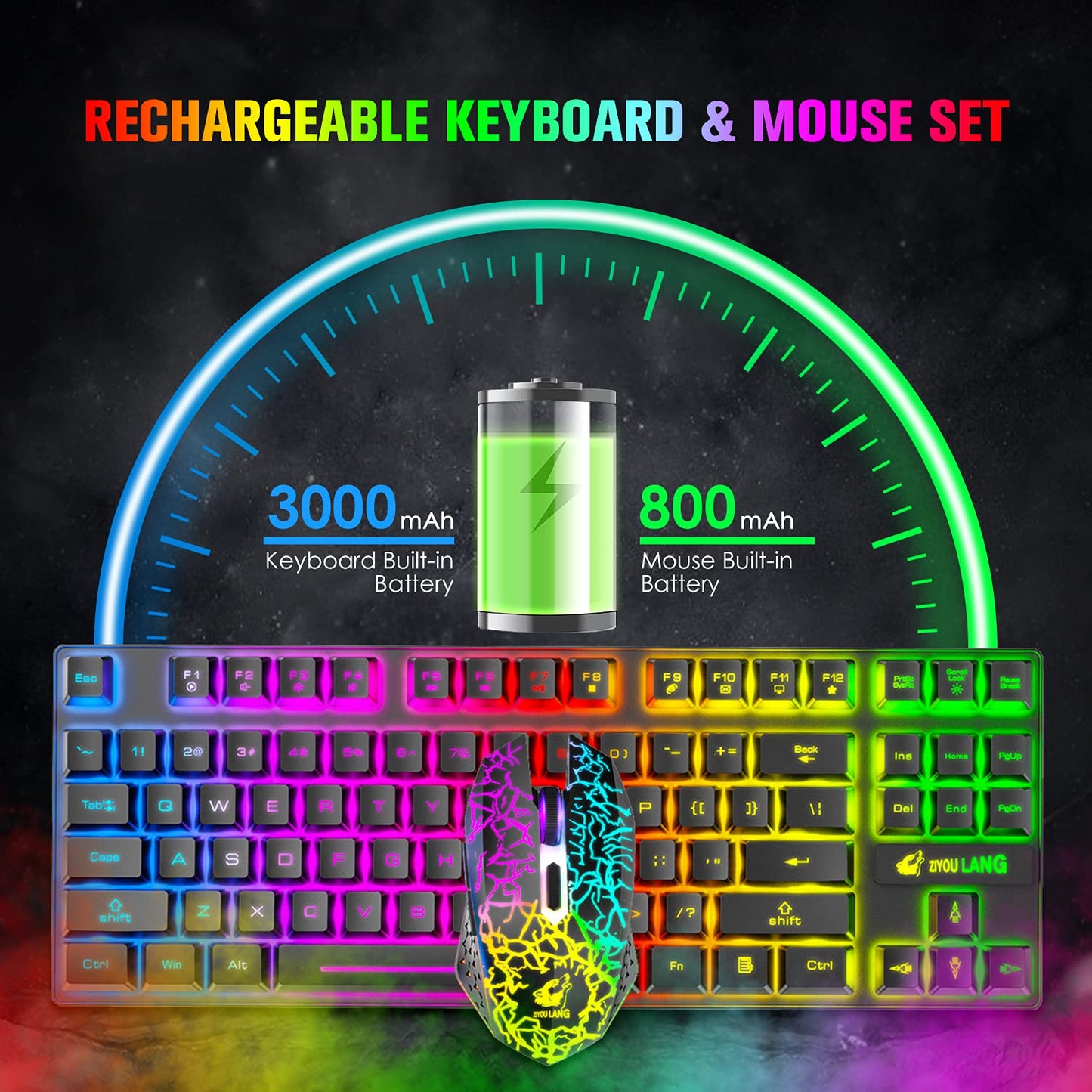 LexonElec Wireless Gaming Keyboard and Mouse Combo, RGB Backlit, Ergonomic Waterproof, Black, Rechargeable 3800mAh Battery, 87 Keys