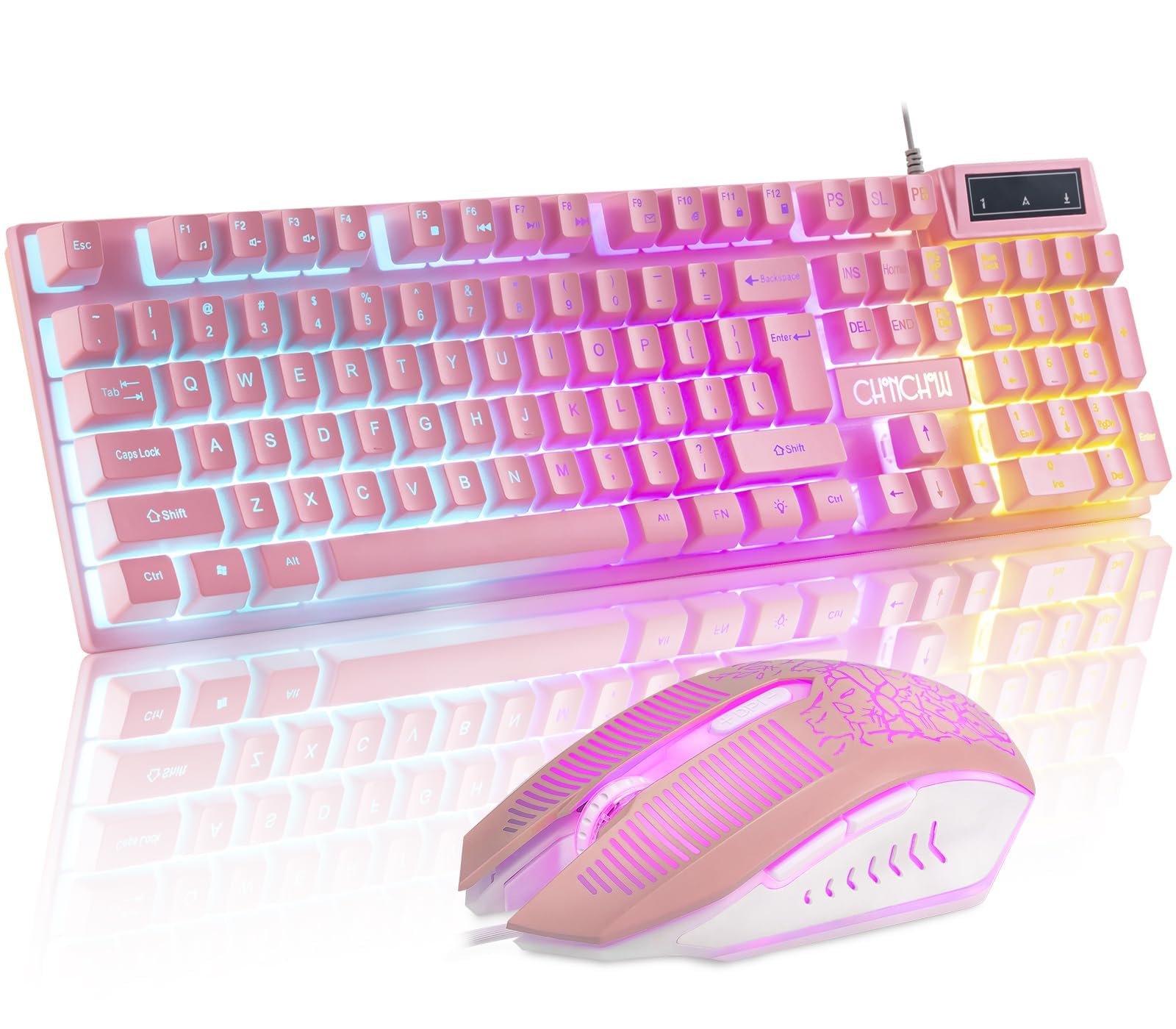 CHONCHOW Pink Keyboard and Mouse Combo with Backlit  Function Keys  19 Keys Anti-ghosting for Gamer on PC Laptop Computer Mac PS4 Xbox  Cute Wired Light Up Gaming Keyboard & RGB Mouse for Girl Women