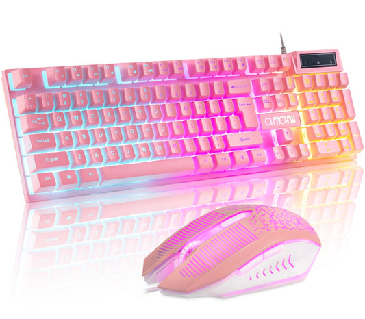 CHONCHOW Pink Keyboard and Mouse Combo with Backlit  Function Keys  19 Keys Anti-ghosting for Gamer on PC Laptop Computer Mac PS4 Xbox  Cute Wired Light Up Gaming Keyboard & RGB Mouse for Girl Women
