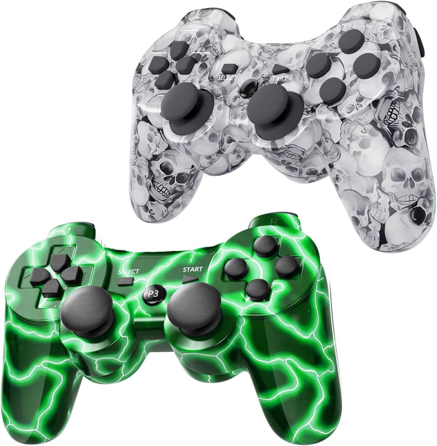 Burcica Wireless Controller for PS3 - Motion Sensing, Double Vibration, GreenFlash+WhiteSkull, Includes Charging Cord