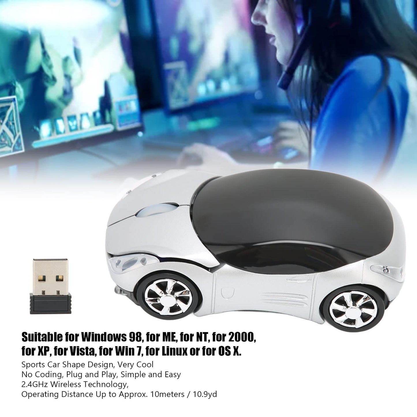 ASHATA 2.4GHz Car Shape Optical Gaming Mouse - Silver Plastic Design for PC, Laptop, Win 7, Linux