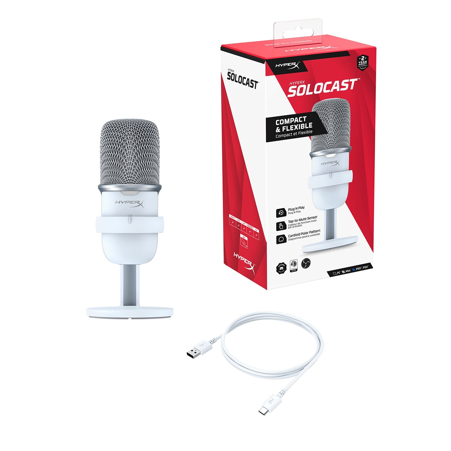 HyperX SoloCast USB Condenser Gaming Microphone - 24 Bit, Cardioid, Tap-to-Mute, PC/PS4/Mac, White, Model 519T2AA