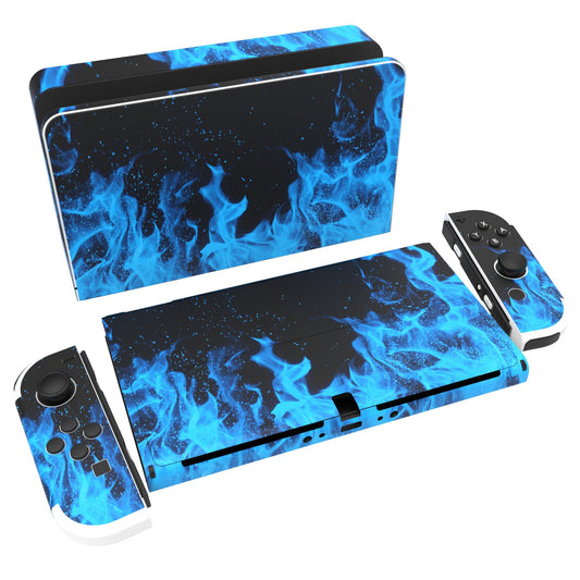 PlayVital Full Set Protective Stickers for Nintendo Switch OLED Model  Customized Vinyl Decal Skins for Switch OLED Console & Joycon & Dock & Grip - Blue Flame