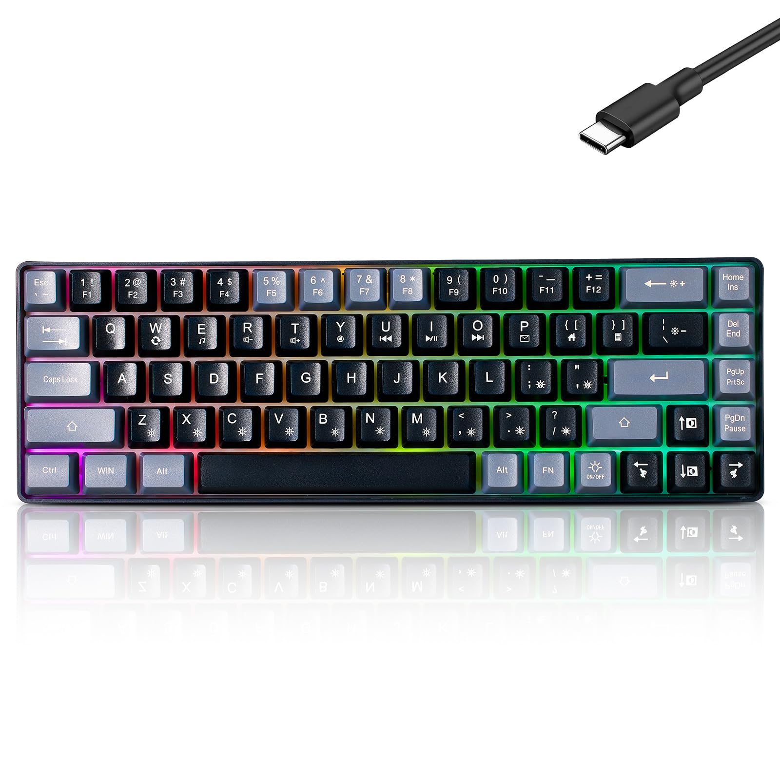 Wired Portable 60% Mechanical Feeling Gaming Keyboard RGB LED Backlit Compact 68 Keys Mini Wired Office Keyboard for Windows Laptop PC Mac Gamer  Typist  Travel on Business Trip Black-Grey