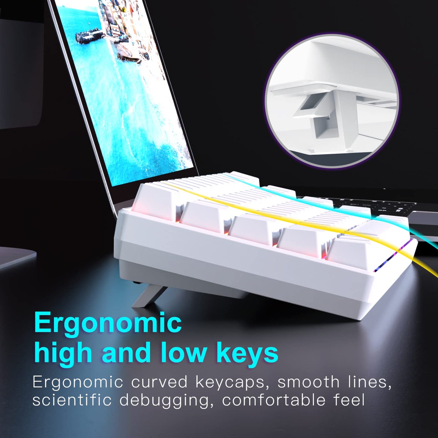 RAZEAK Portable 60% Mini Mechanical Keyboard - 61 Keys, Red Switch, Colorful Backlit, White - Model X44-WT-RS