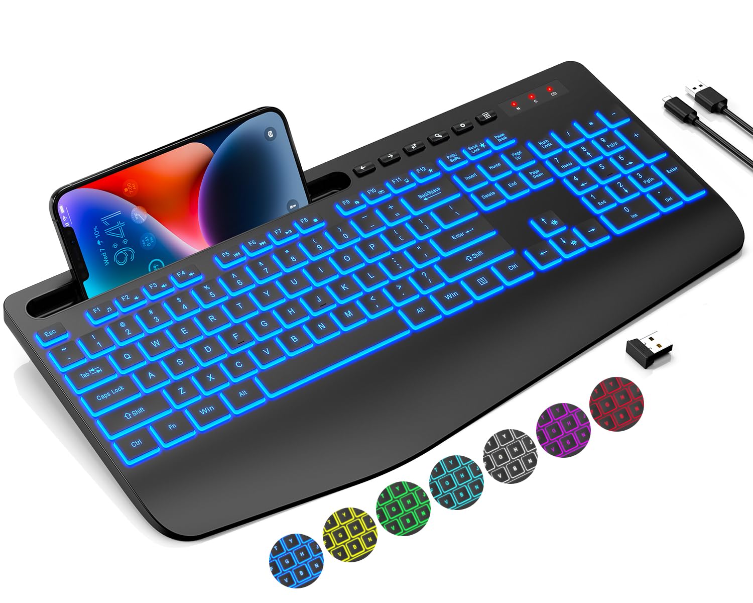 Trueque Wireless Ergonomic Keyboard - Rechargeable with 7 Backlit Colors, Silent Keys, Phone Holder, Black