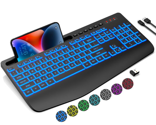 Trueque Wireless Ergonomic Keyboard - Rechargeable with 7 Backlit Colors, Silent Keys, Phone Holder, Black