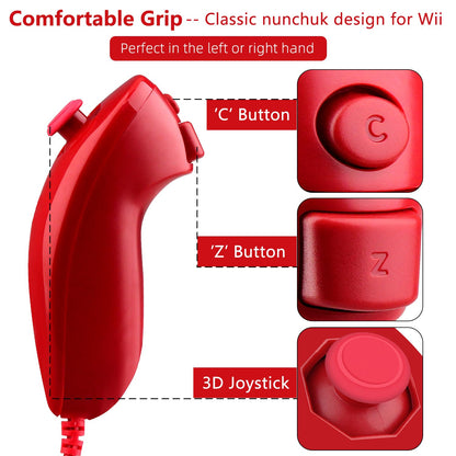 OSTENT Wired Nunchuck Controller for Nintendo Wii, Motion-Based, Red, Model Rouge