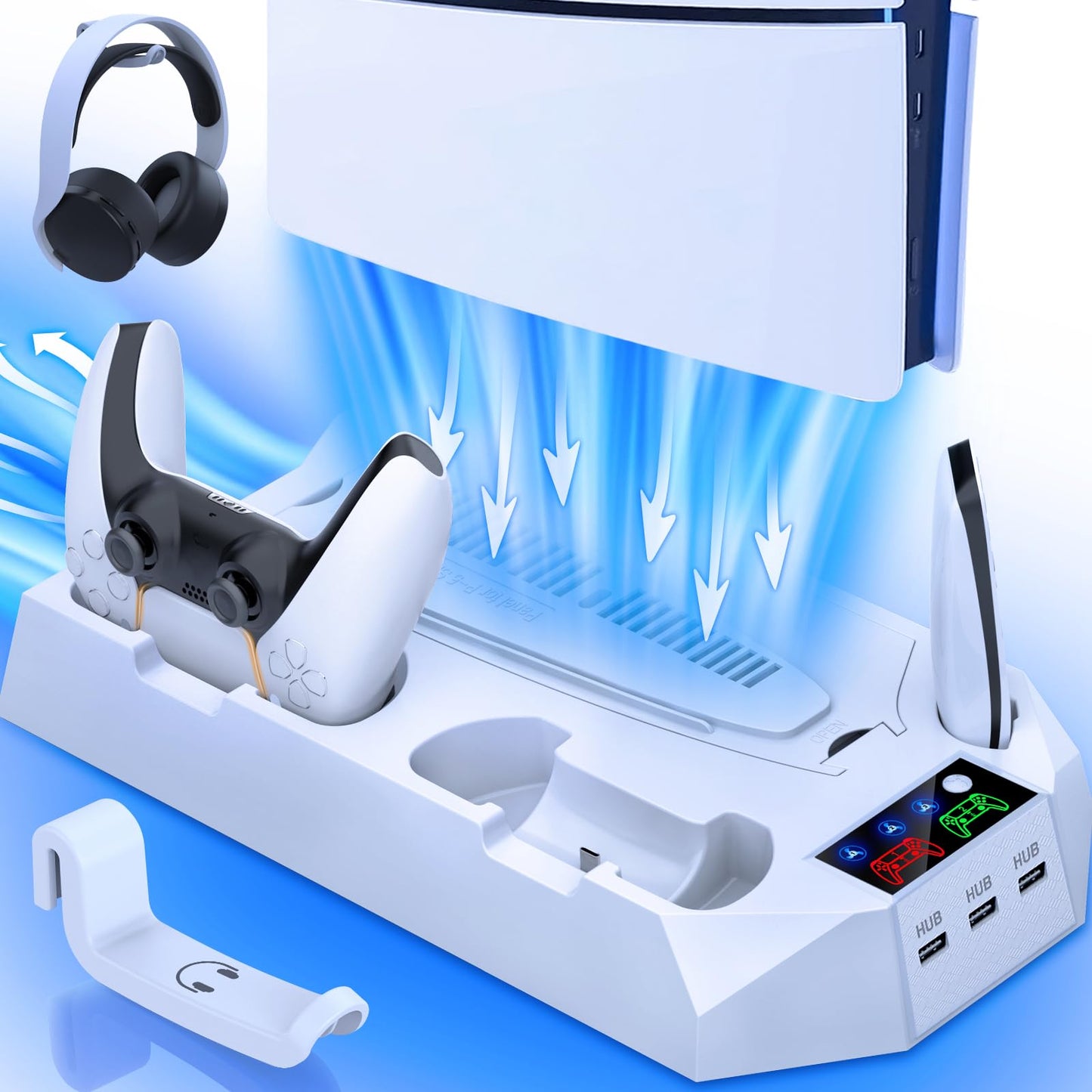 PS5/Slim/Pro Cooling Station for PlayStation 5 Console Disc/Digital Edition - PS5 Slim Pro Cooling Stand with Controller Charging Station Accessories-Cooler Fan/Headset Holder/3 USB Hub  White
