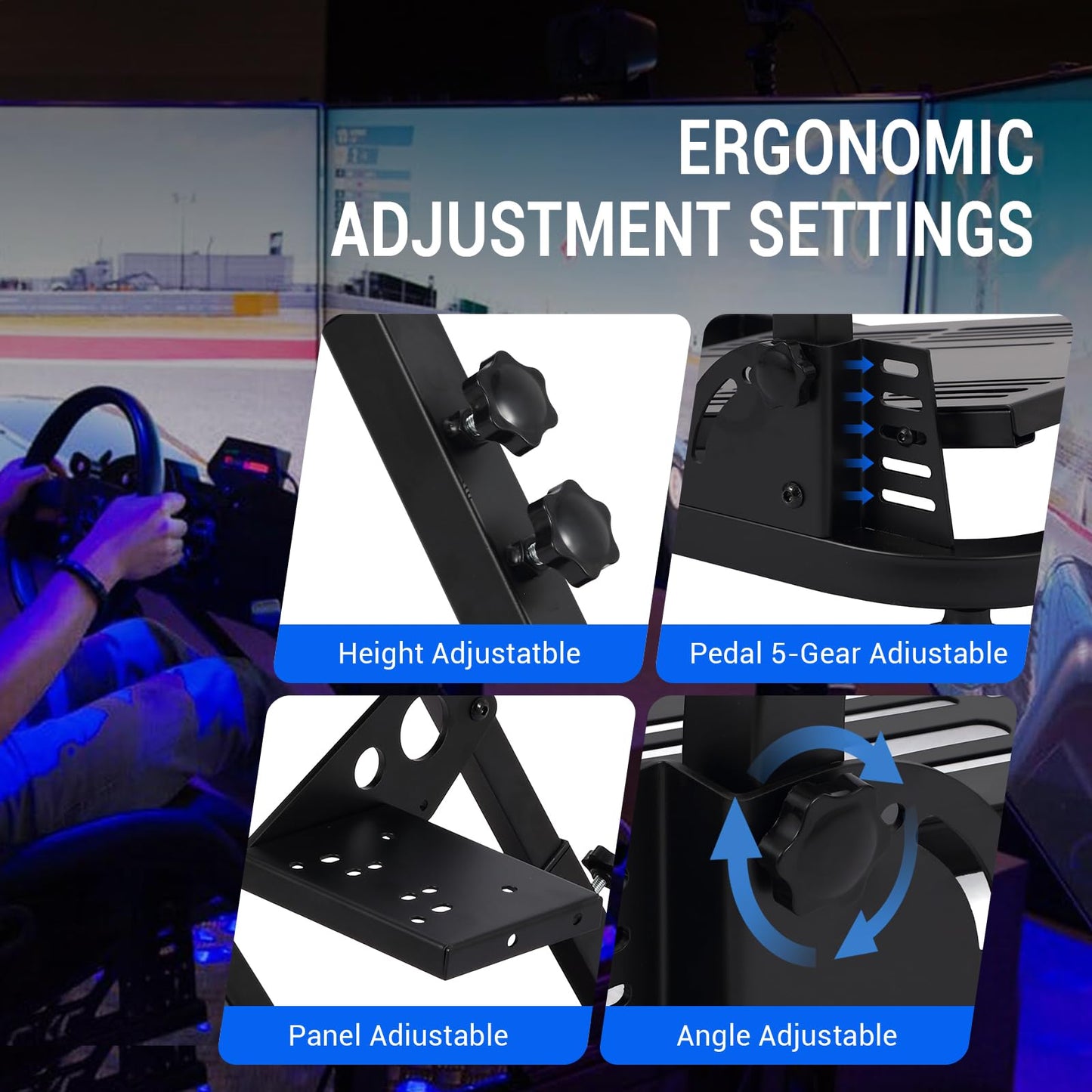 JustSmart L-Shaped Folding Steering Wheel Game Stand - Height Adjustable, Compatible with Logitech, Chair Fixing Seat Slot