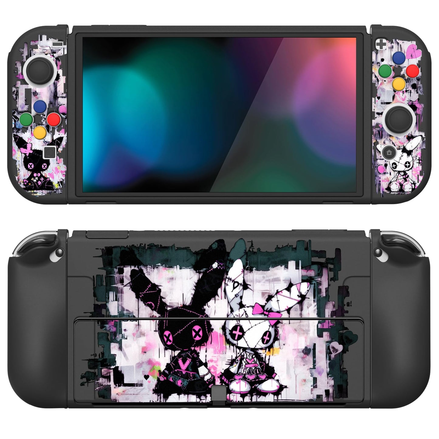 PlayVital ZealProtect Soft Protective Case for Nintendo Switch OLED  Flexible Protector Joycon Grip Cover for Nintendo Switch OLED with Thumb Grips & ABXY Direction Button Cap - Lovely Punky Bunny