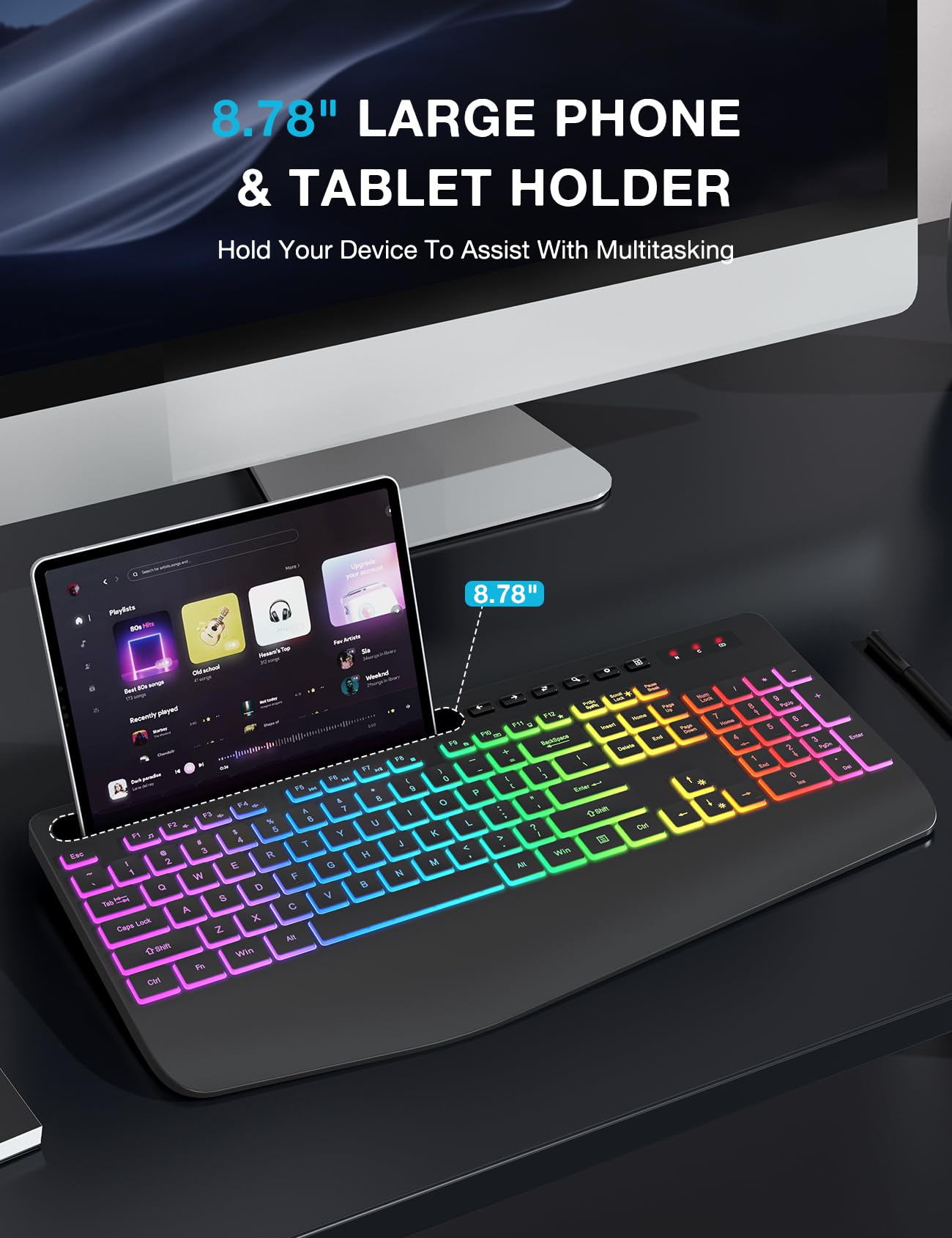 SABLUTE Wireless Keyboard KN213 PRO, Full-size, Pure Black, Ergonomic, Rechargeable, 9 Backlit Effects, Silent Keys for PC/Mac