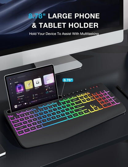 SABLUTE Wireless Keyboard KN213 PRO, Full-size, Pure Black, Ergonomic, Rechargeable, 9 Backlit Effects, Silent Keys for PC/Mac