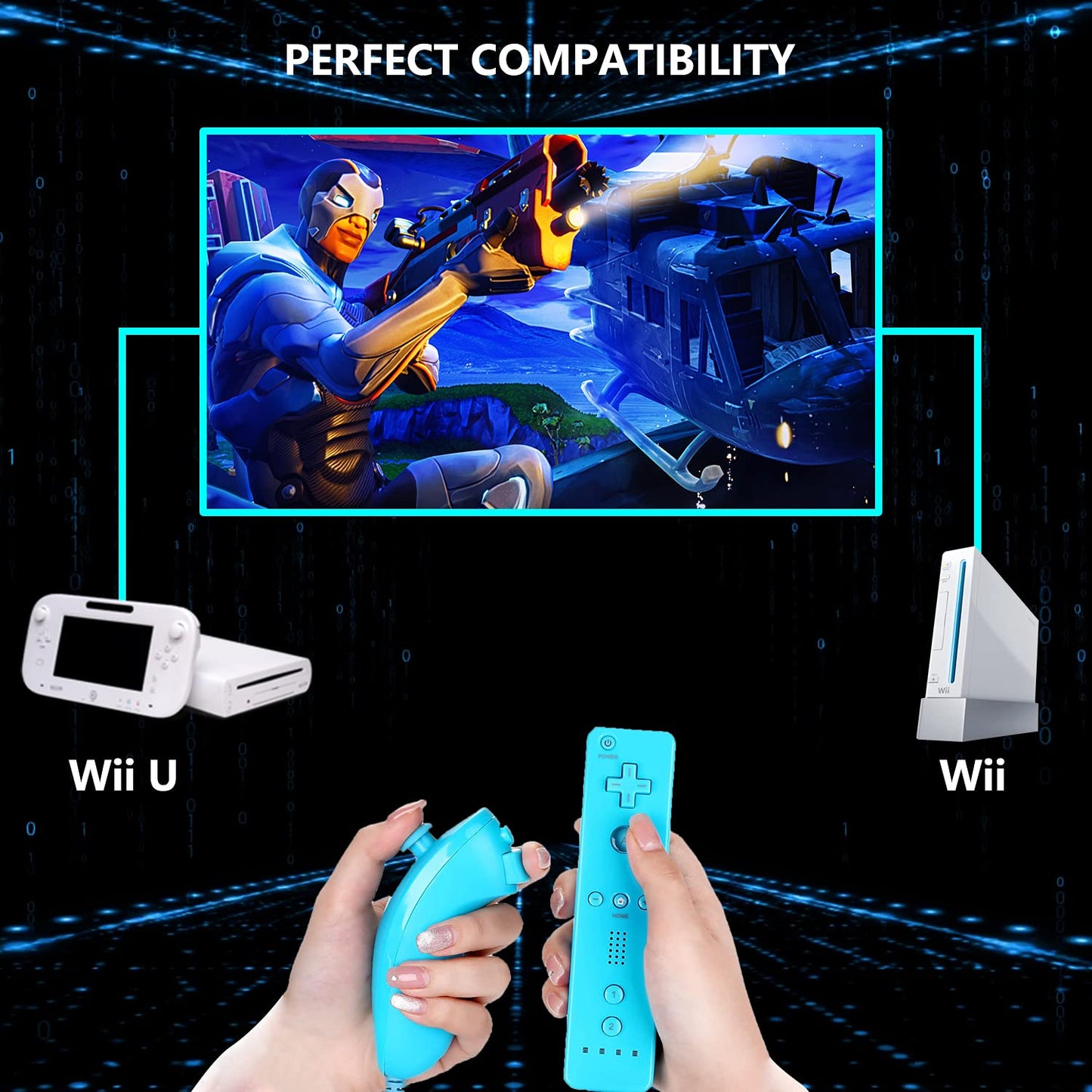 Burcica Wireless Controllers for Wii/Wii U - Black and Blue with Silicone Case & Wrist Strap