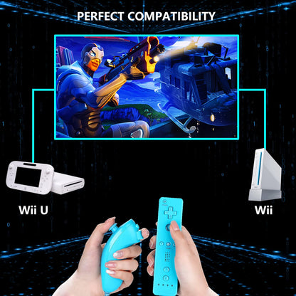 Burcica Wireless Controllers for Wii/Wii U - Black and Blue with Silicone Case & Wrist Strap