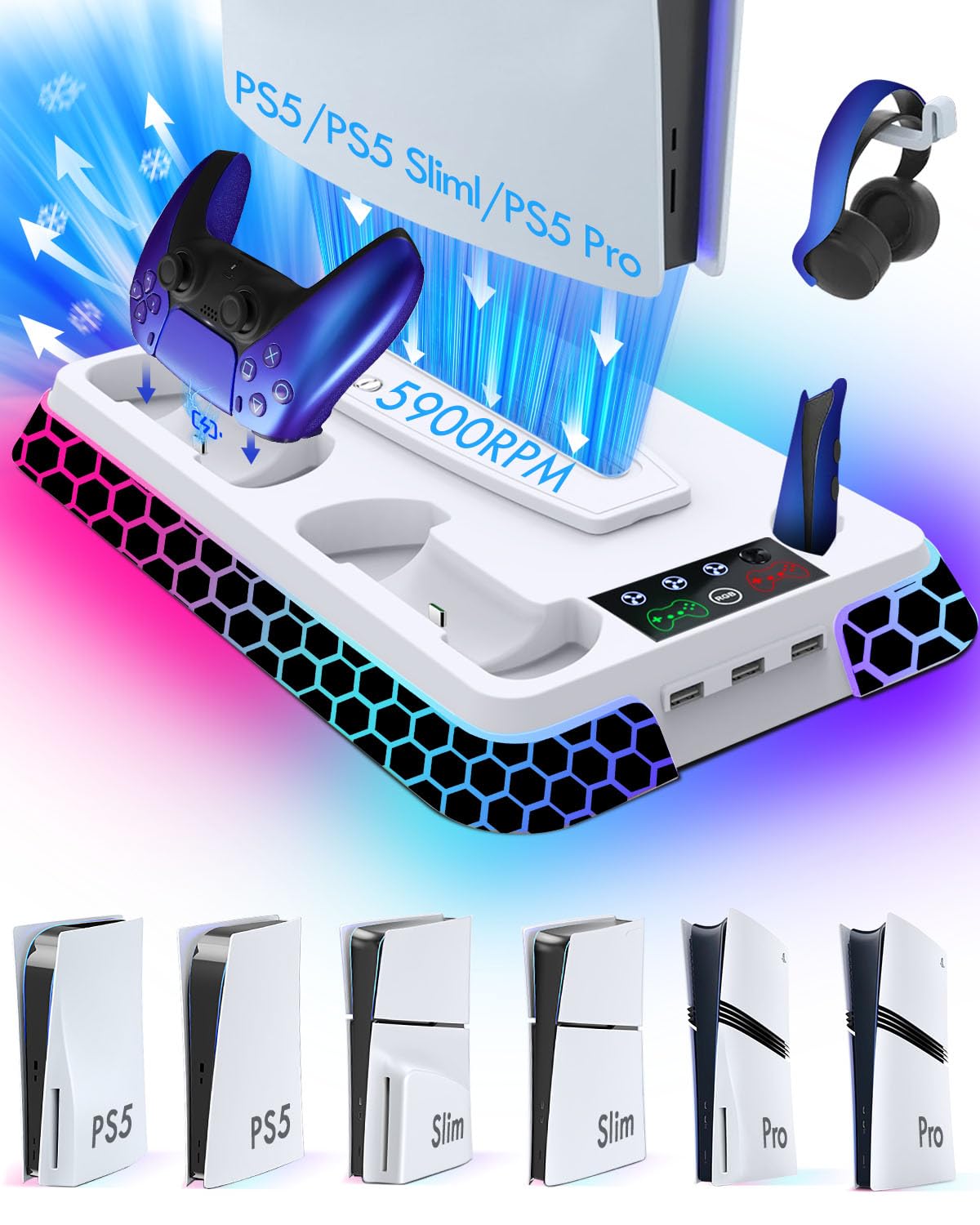 Ugame PS5 Cooling Station for PS5/Pro/Slim Console with RGB Lights  PS5 Stand with Silent 3-Level Cooling Fans  Dual Controller Charger and USB Hubs