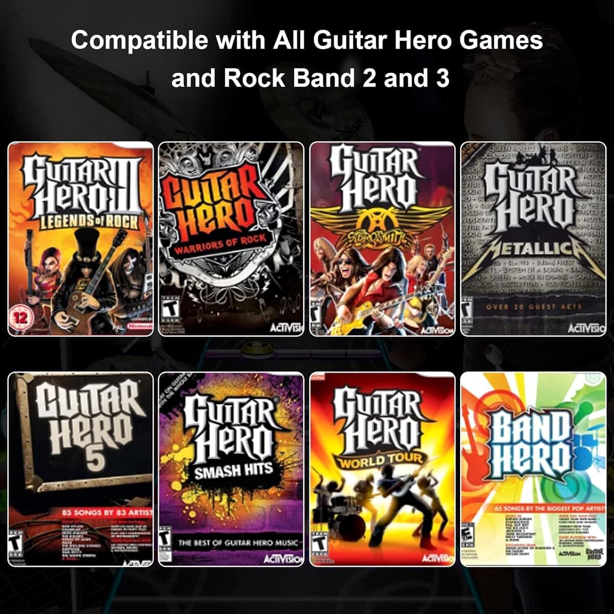 NBCP Wireless Guitar Controller for Nintendo Wii - Compatible with Guitar Hero & Rock Band 2 - Adjustable Strap - Black - Model KT613B