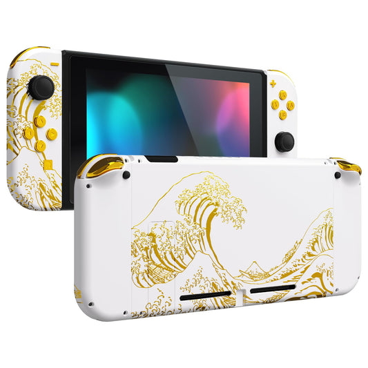 eXtremeRate DIY Replacement Shell Buttons for Nintendo Switch  Back Plate for Switch Console  Housing with Full Set Buttons for Joycon Handheld Controller - The Great Golden Wave Off Kanagawa - White