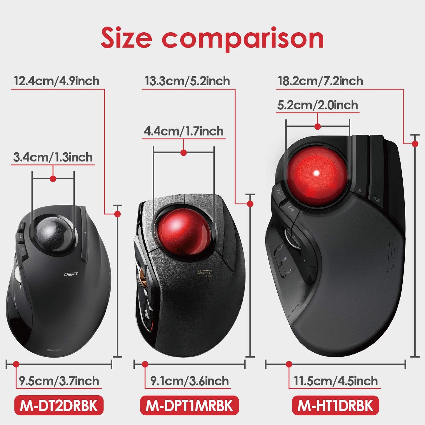 ELECOM DEFT PRO Trackball Mouse, Wired/Wireless/Bluetooth, Ergonomic, 8-Button, Optical Sensor, Black/Red, Model M-DPT1MRBK