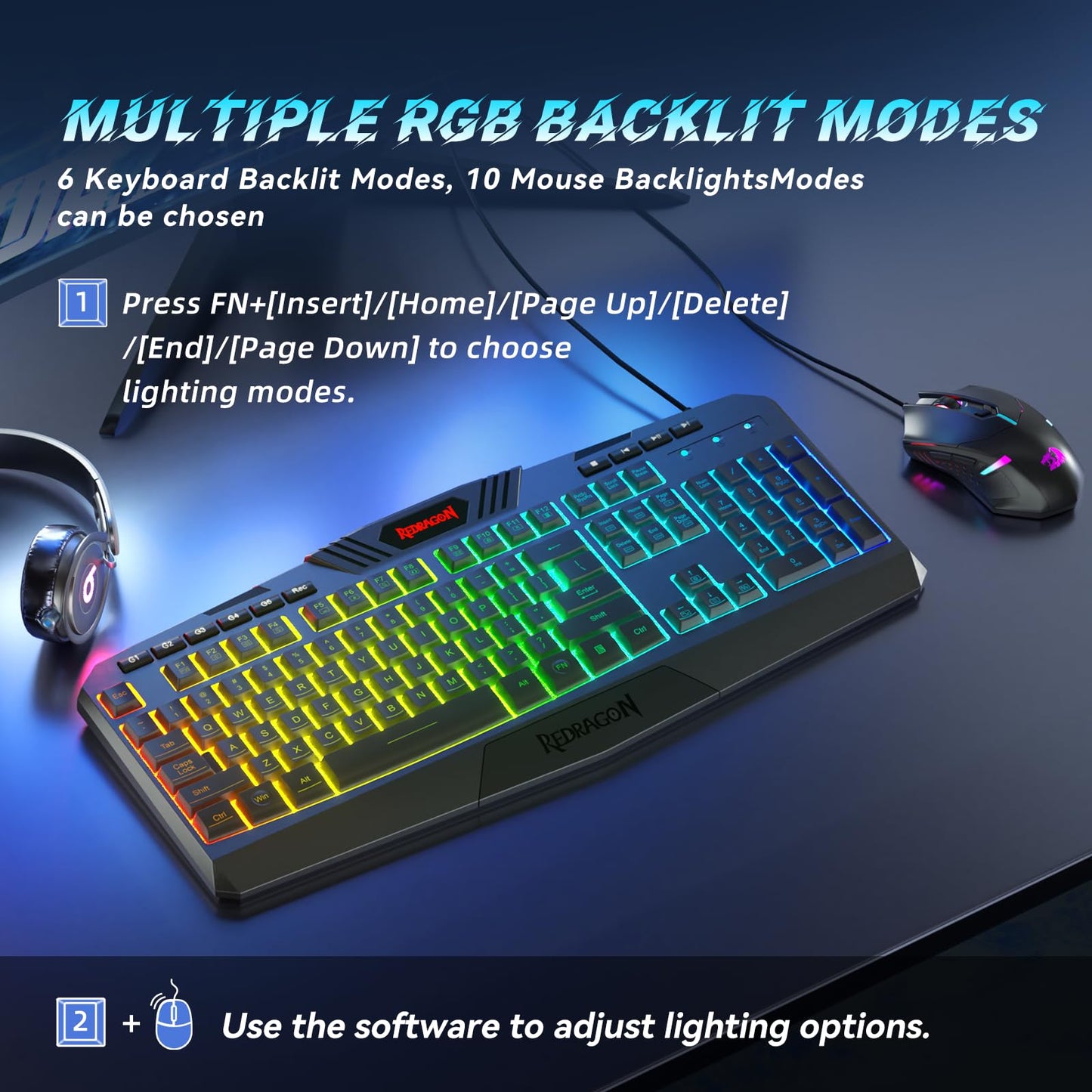 Redragon S101 Gaming Combo Set - RGB Backlit Keyboard & M601 Mouse, Black, Plastic, Programmable, New Version