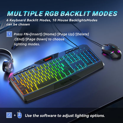 Redragon S101 Gaming Combo Set - RGB Backlit Keyboard & M601 Mouse, Black, Plastic, Programmable, New Version