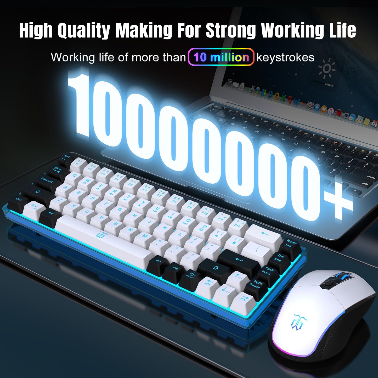 Snpurdiri Wireless Gaming Keyboard and Mouse Combo, Ice Blue Backlit, Rechargeable 2000mAh Battery, White-Black Color
