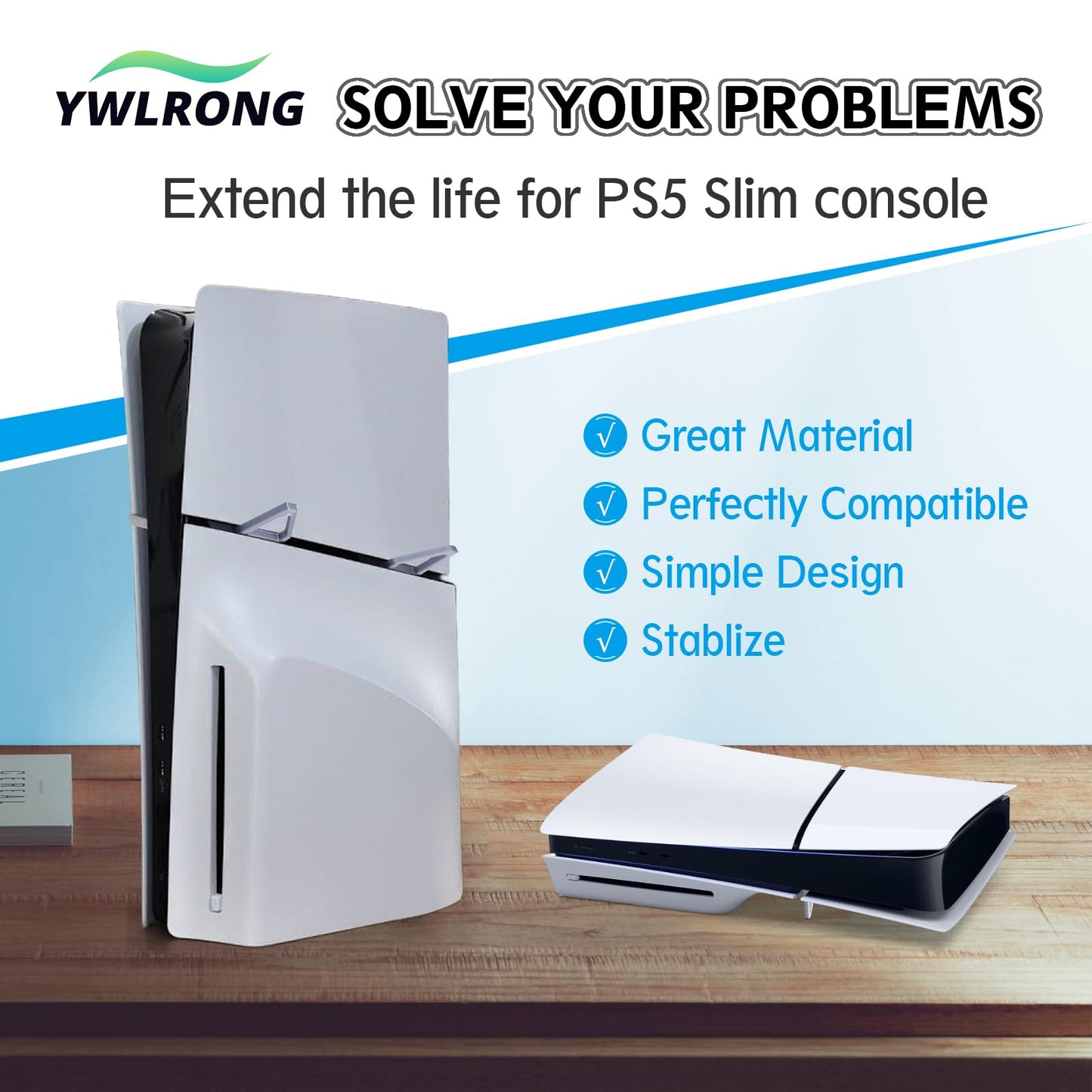 YWLRONG PS5 Slim Stand Bracket Holder - 4Pcs Flat Base, Compatible with PlayStation 5 Slim Disc Edition, Black+Grey