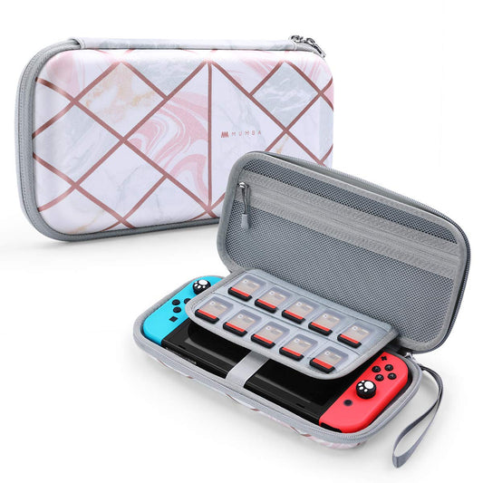 Mumba Carrying Case for for Nintendo Switch OLED & Nintendo Switch  Deluxe Ulta Slim Hard Shell Tpartyl - holds 10 Game refill units -Pink Marble