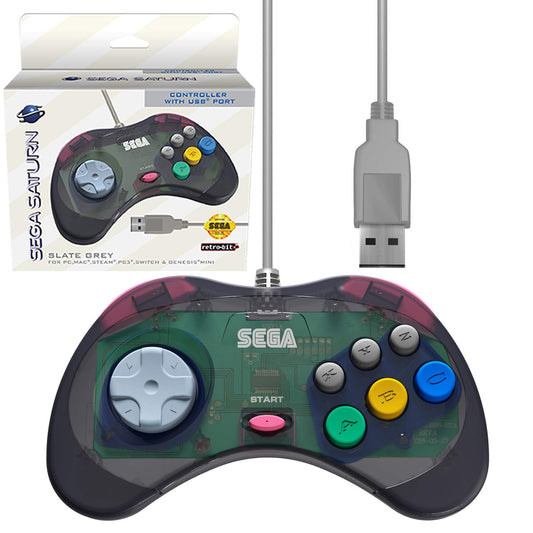 Retro-Bit Sega Saturn USB Controller Pad Model 2 - Slate Gray for Genesis Mini, PS3, PC, Mac, Steam, Switch