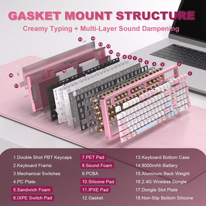 YUNZII AL98 Wireless Mechanical Gaming Keyboard, RGB Backlit, Gasket Mount, Cocoa Cream V2 Switch, Pink