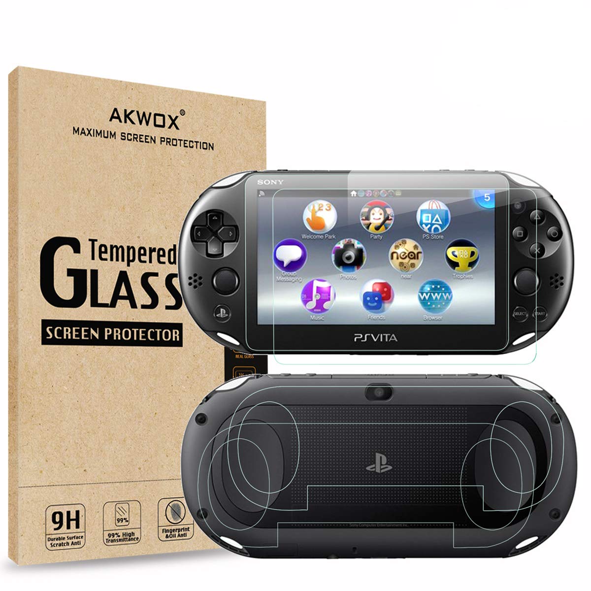 (4-Pack) 2 Front+2 Back Covers Screen Protectors for Sony PlayStation Vita 2000  Akwox 9H Tempered Glass Front Screen Protector and HD Clear PET Back Screen Protective Film for PS Vita PSV 2000