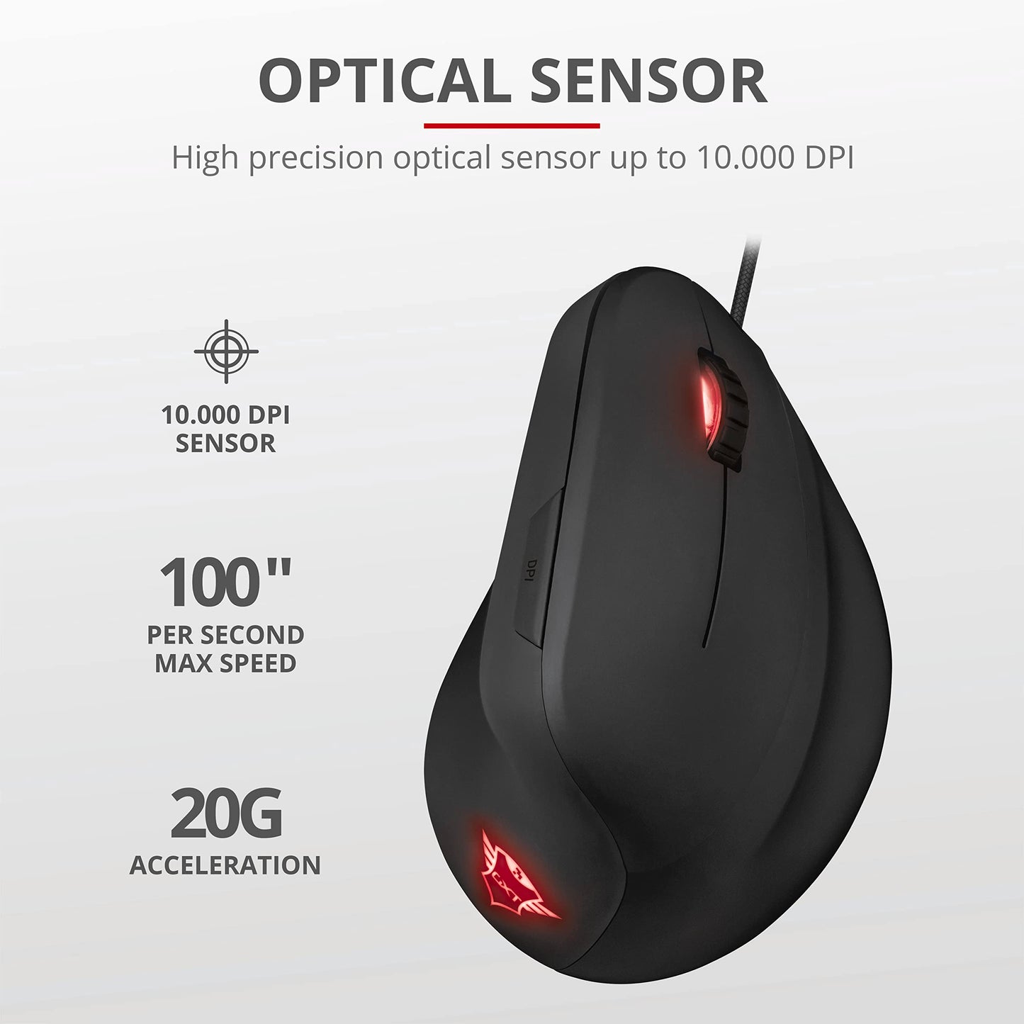 Trust Gaming GXT 144 Rexx Vertical Ergonomic Gaming Mouse - 250-10,000 DPI, 6 Buttons, Black, Model 22991