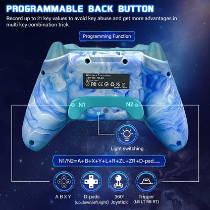 JAVRUNWOF Wireless Pro Controller for Switch - 1200mAh, RGB Lights, Programmable, Glacier Cyan