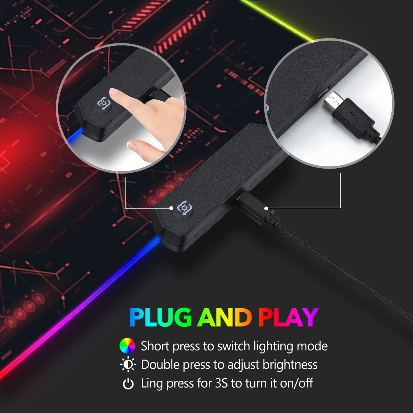 AIMSA Large RGB Gaming Mouse Pad 35.4"x15.8" Non-Slip Rubber Base, Red Circuit Board Design, 14 Lighting Modes