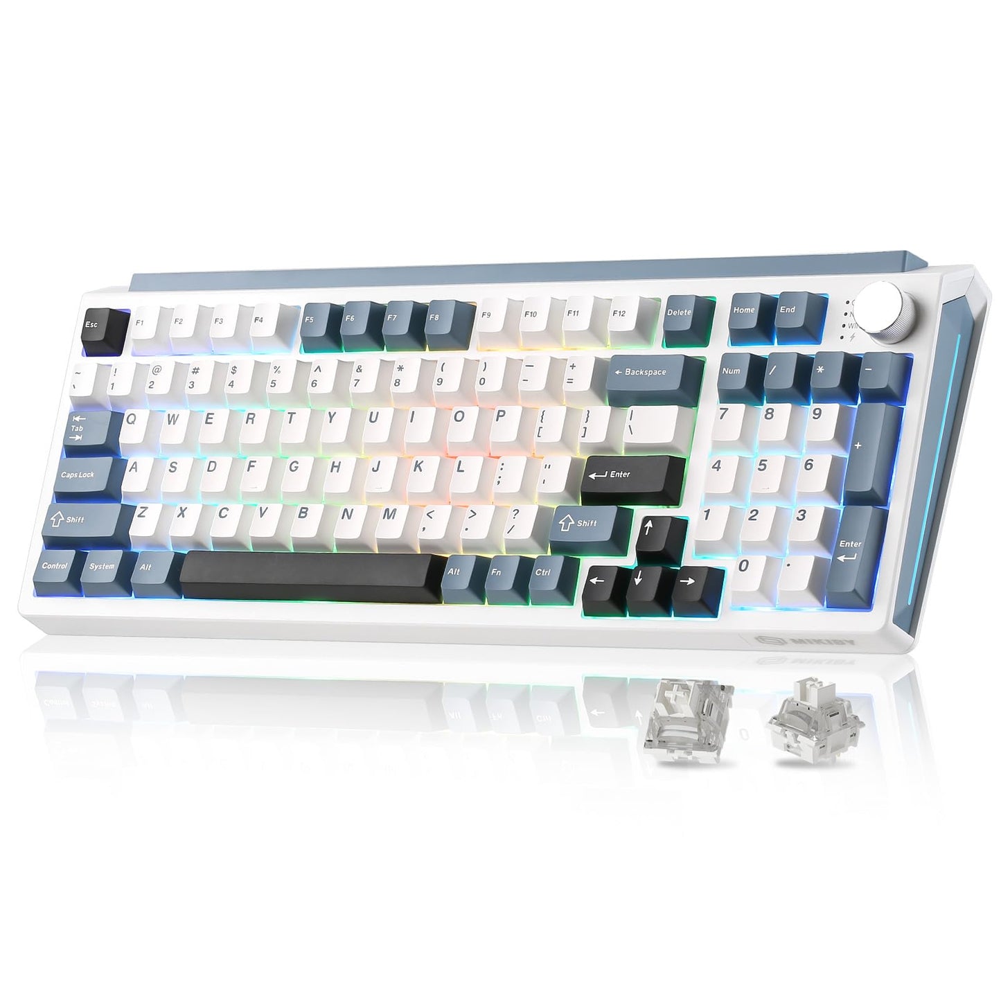 MIKIBY K98 Wireless Mechanical Keyboard Tri-Mode BT5.0/2.4GHz/USB-C Hot Swappable Custom Wireless Keyboard Gasket Structure RGB Backlit Gaming Keyboard for Win & Mac(White&Blue Milk-V2 Switch)
