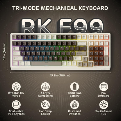RK ROYAL KLUDGE F99 Wireless Mechanical Keyboard, 95% Layout, Tri-Mode, Mocha Brown, Hot Swappable, Custom Linear Creamy Switches