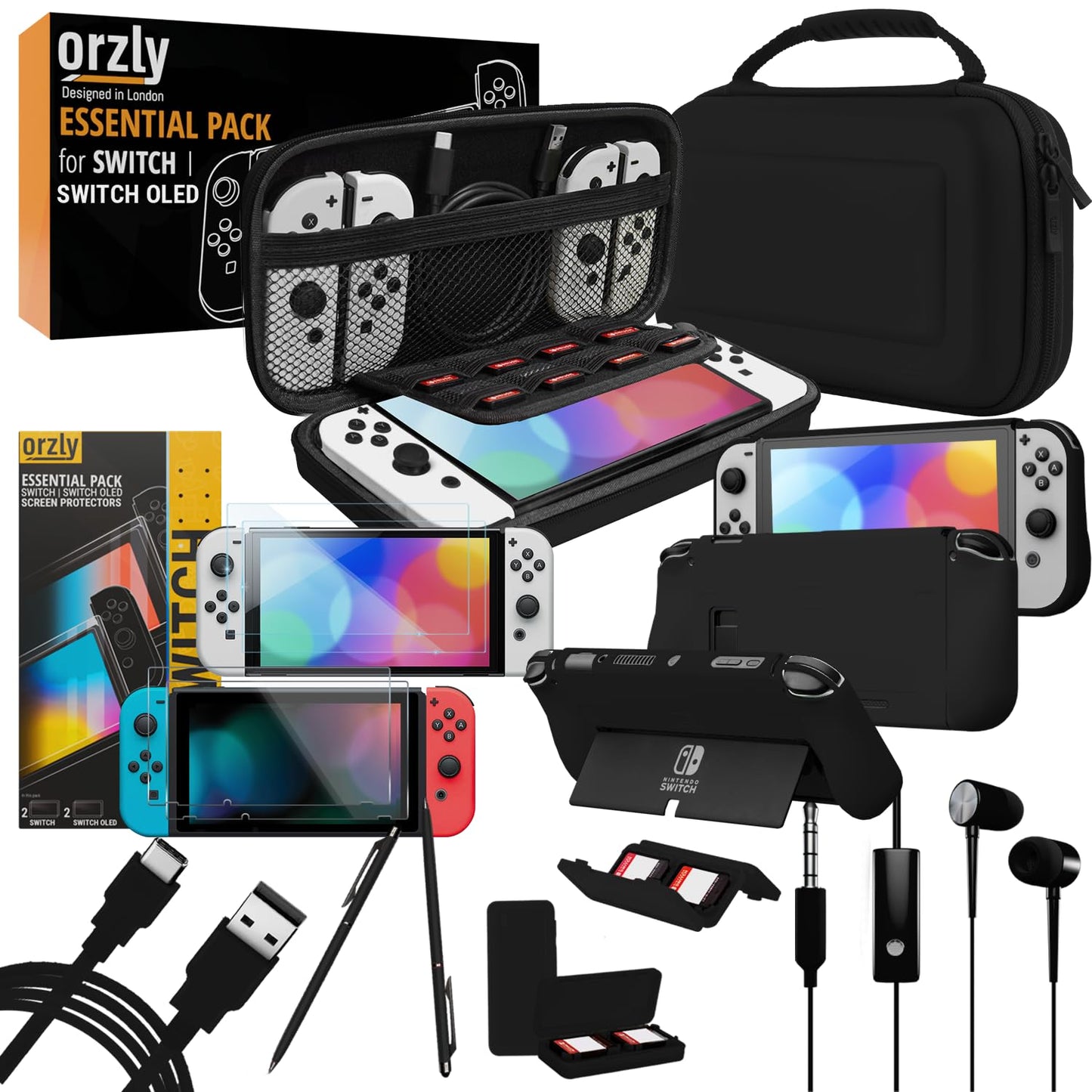 Switch Accessories Bundle - Orzly Essentials Pack for Nintendo switch OLED Case & Screen Protector   Grip Case  Games Holder  Headphones - Classic Black Edition