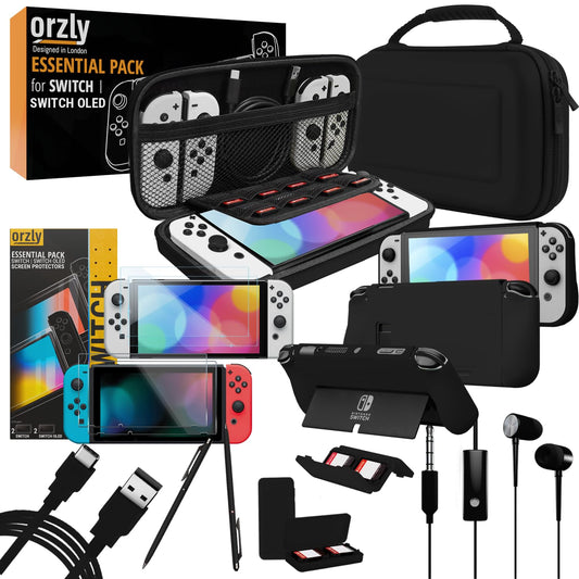 Switch Accessories Bundle - Orzly Essentials Pack for Nintendo switch OLED Case & Screen Protector   Grip Case  Games Holder  Headphones - Classic Black Edition