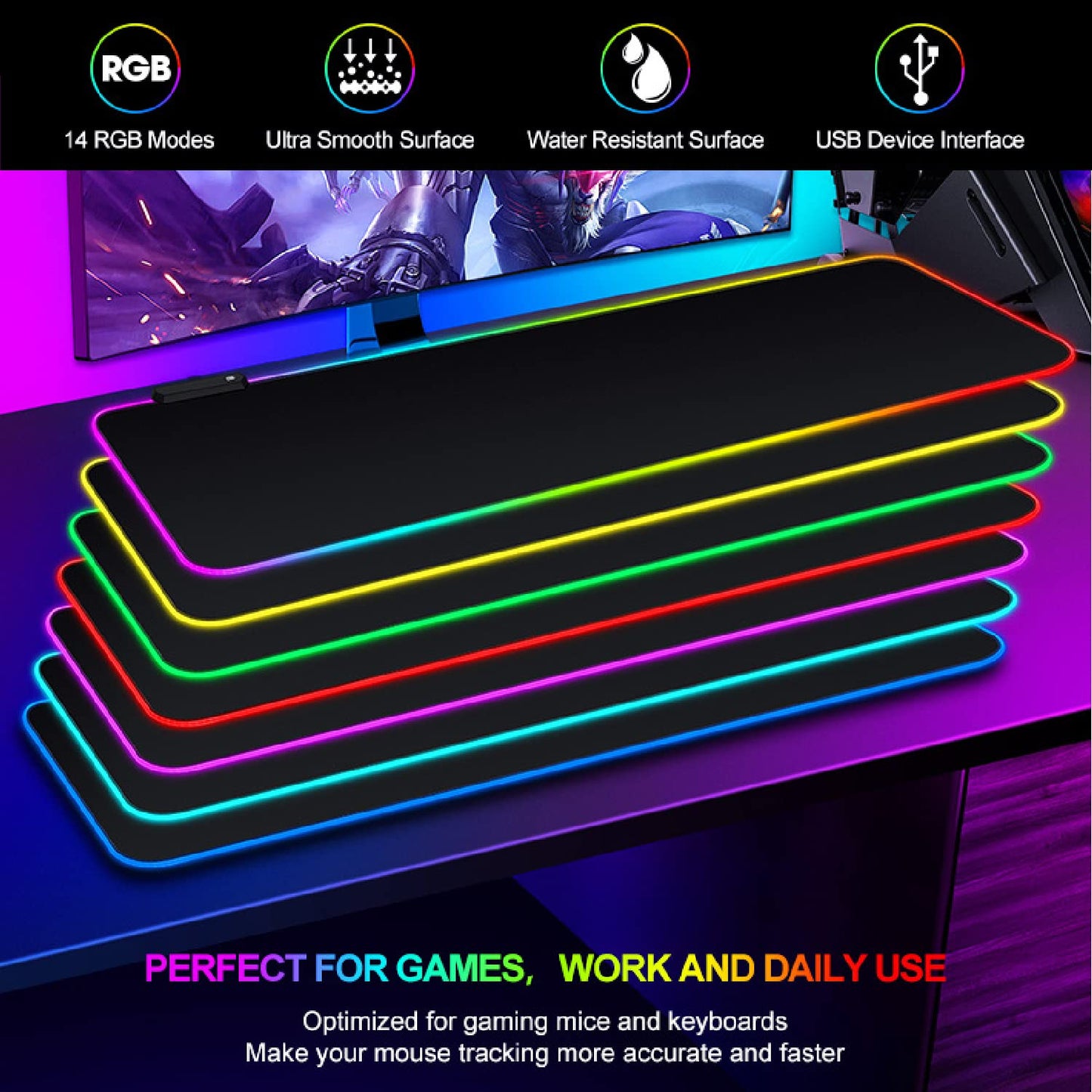TalkWorks Extra Large RGB Gaming Mousepad - 12x31.5 inches, Black, Non-Slip Rubber Base, 7 Colors, 14 Lighting Modes, USB Interface
