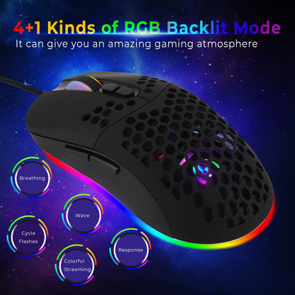 HXMJ Wired USB C Gaming Mouse, 7200 DPI, 5 RGB Lights, Lightweight Honeycomb Shell, Black, Model M02
